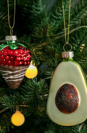 Glass Christmas tree ornament 2pack avocado & strawberry with chocolate