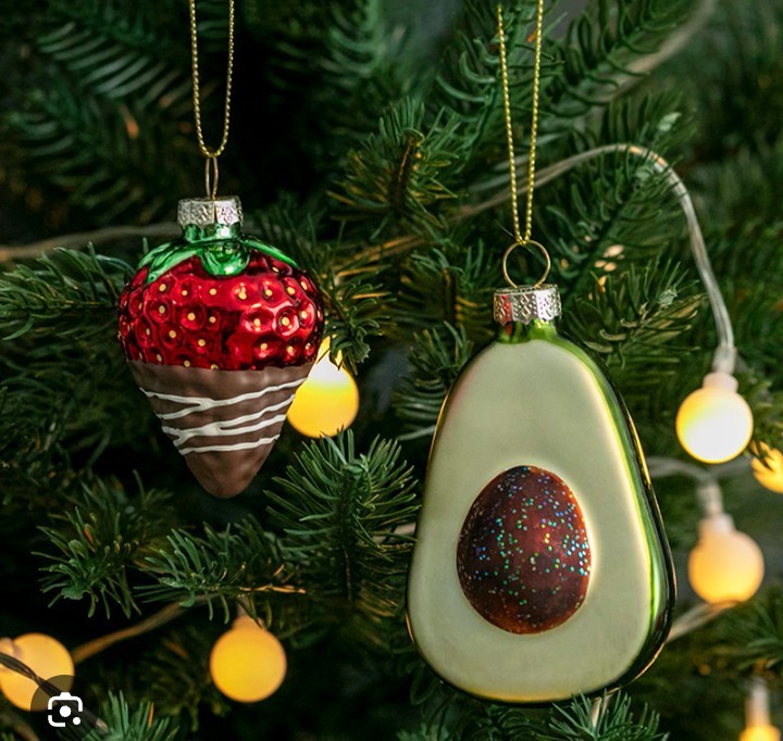 Glass Christmas tree ornament 2pack avocado & strawberry with chocolate