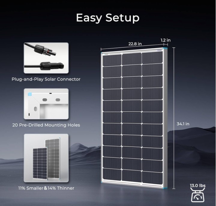 Renogy 100 Watt 12 Volt Monocrystalline Solar Panel - Image 3