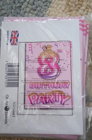 20 Pack of 8th Birthday Invitations with Envelopes –Pink and Gold Glitter Effect