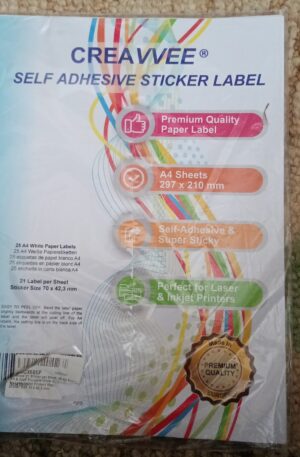 Creavvee 21 Label per Sheet, 25 A4 Sheets - Sticker Size 70 x 42,3 mm