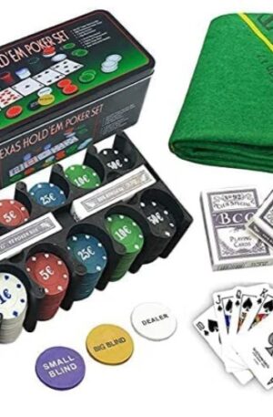 ISDI Poker Set Metal Box, 200 Poker Chips, 2 Decks, Dealer Button,