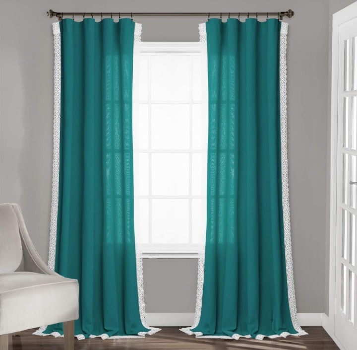 Lush Decor Turquoise Rosalie Window Curtains Farmhouse, (Pair), 84” x 54,