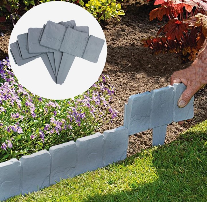 5M Grey Stone Effect Lawn Edging Pack of 20 No-Dig ABS Garden Border Fence