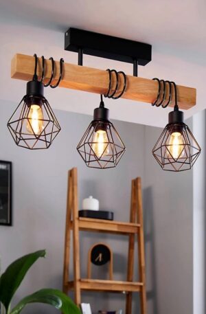Black/Natural Wood 3-Light Ceiling Pendant, Semi-Flush Industrial Style (L) 55cm