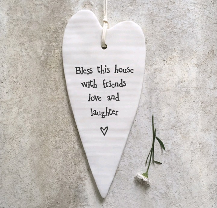 East of India White Ceramic Ripple Heart "Happy ever" Hang Decor 15.5x7.5cm
