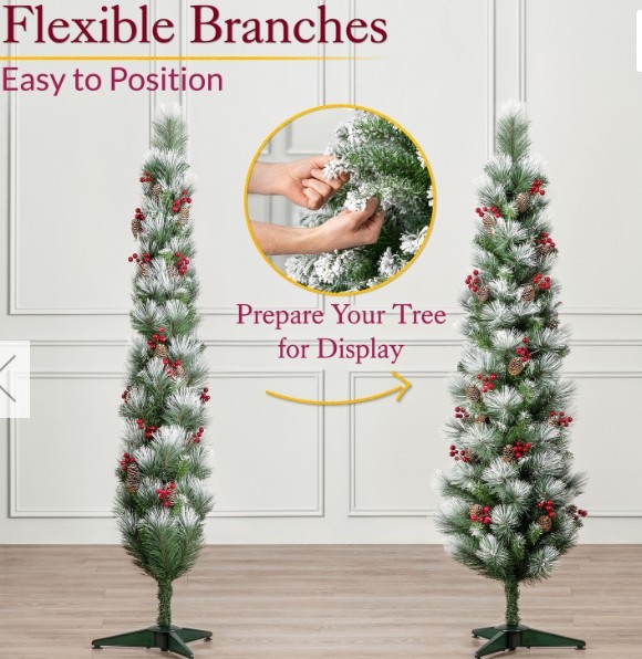 Pencil Christmas Tree with Pine Cose and Berries - Green / 5ft with Lights - Image 3