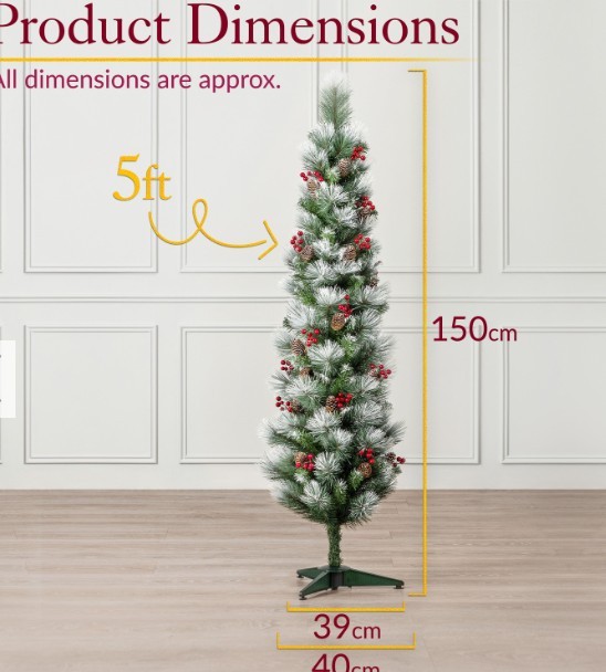 Pencil Christmas Tree with Pine Cose and Berries - Green / 5ft with Lights - Image 4