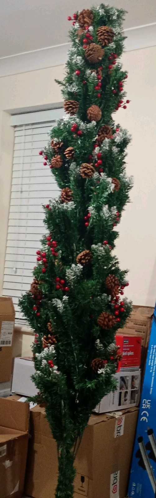 Pencil Christmas Tree with Pine Cose and Berries - Green / 5ft with Lights - Image 6