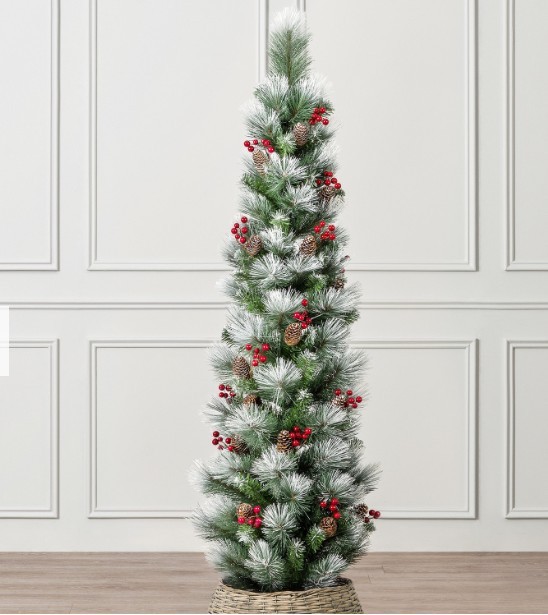 Pencil Christmas Tree with Pine Cose and Berries - Green / 5ft with Lights