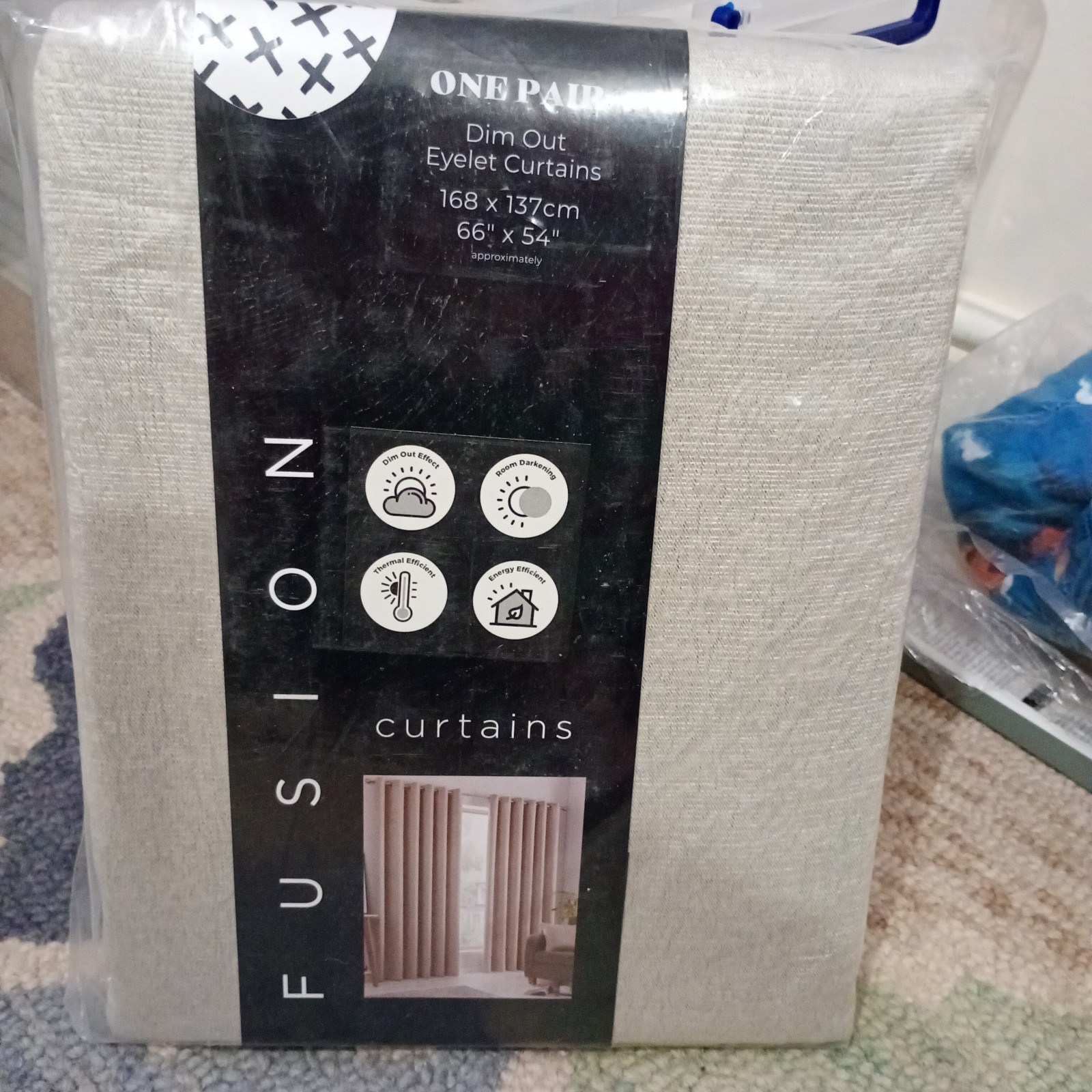 Strata Natural Dimout Eyelet Curtains 66"X54" One Pair